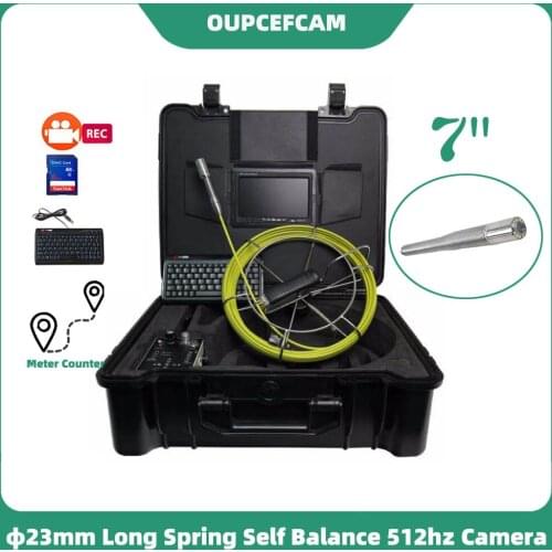 Φ23mm Long Spring Self Balance 512hz Camera Drain Sewer Pipe Inspection Endoscope 7" Screen DVR Keyboard Meter Counter 5mm Cable