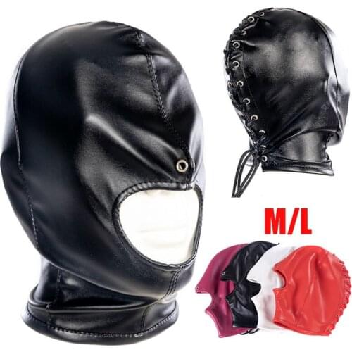Unisex Erotic Soft PU Leather Open Mouth Hood Mask Fetish Slave Head Bondage Harness Hood Halloween Mask BDSM Adult Game Sex Toy