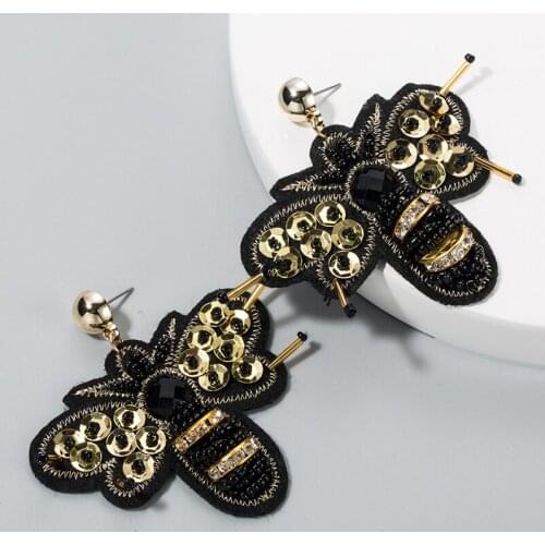 Ins European And American Retro Creative Design Fabric Inlaid Rhinestone Rice Beads Bee Fashion Earrings