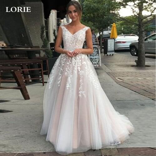 LORIE Rose Pink Princess Wedding Dress With Crystal Sash V Neck Lace Bride Dress A-Line Tulle Backless Boho Wedding Gown