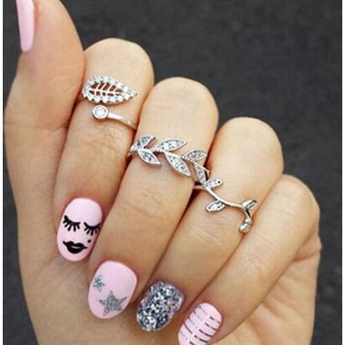 Korean Ring Set, For Ladies, Simple Fashion Jewelry, Full Rhinestone Leaf Leaf 3 Three-piece Ring Wholesale