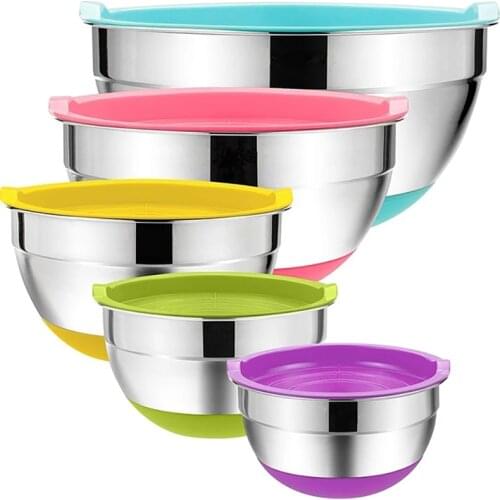 Non-Slip Silicone Bottoms Airtight Lids Stainless Steel Mixing Bowl Set Of 5
