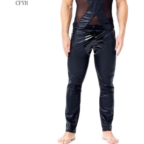 Novelty Black Men Pockets Pants Patchwork Shiny Patent Leather Pants Slim Fit Long Trousers Sexy Nightclub Dancing Costume