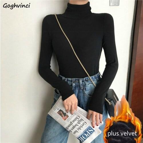 Solid Long Sleeve T-shirts Women Slim Turtleneck Plus Velvet Winter Tops Leisure Knitted Casual Basic Tees Korean Style Harajuku