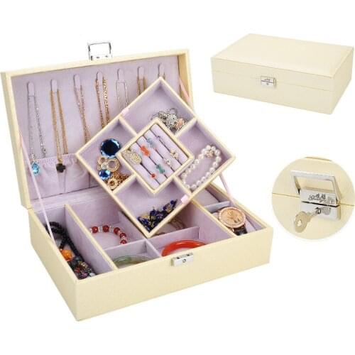 2021 New Leather Jewelry Oganizer Box Double-Layer Earring Ring Necklace Storage Case Large Capacity Display Holder with Lock