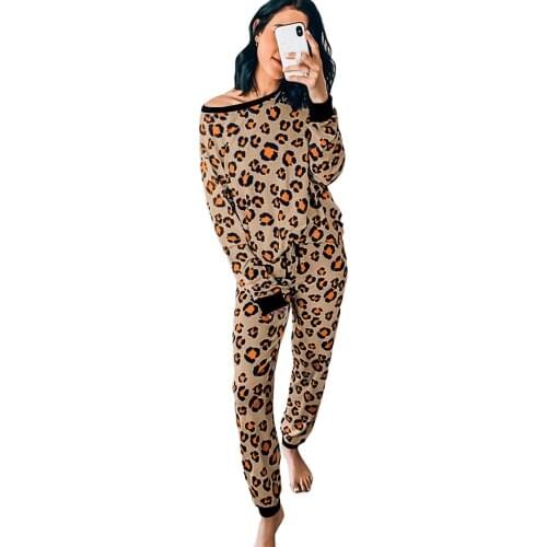 2 Piece Set Women Loose Homewear Leopard Print Long Sleeve Polyester Tops with Drawstring Pants Home Suit Female Pajamas