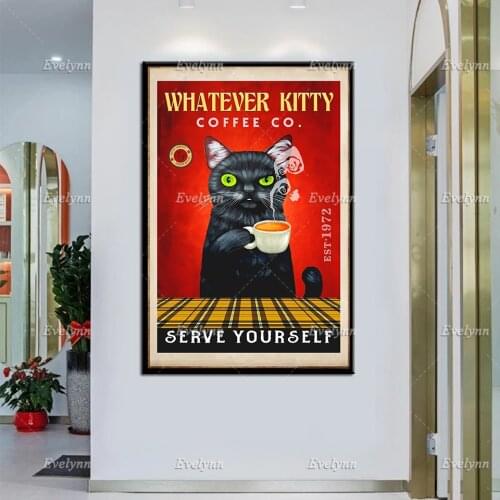 Black Cat Whatever Kitty Coffee Co. Serve Yourself Poster, Funny Cat Canvas, Cute Cats Prints, Black Cats Home Decor Wall Art