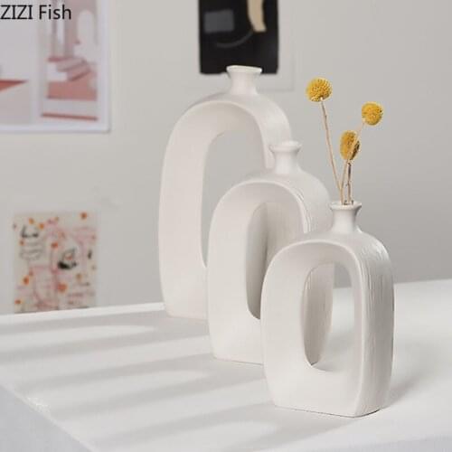 Nordic Hollow White Porcelain Flower Vase Simplicity Abstract Ceramic Vases Flowers Arrangement Crafts Living Room Decoration