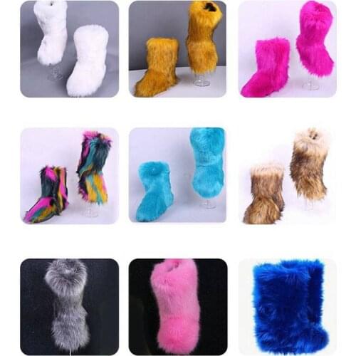 Womens Winter Faux Fox Fur Shoes Ladies Warm Platform Boots Female Plush Cotton Shoes Botas Mujer Girls Fur Snow Boots EU34-44