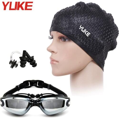 Yuke Silicone Swim Cap Adults Swimming Cap Men Women Waterproof Large Ear Plug Protect Swimming Hats Swimming Glasses Bag Set