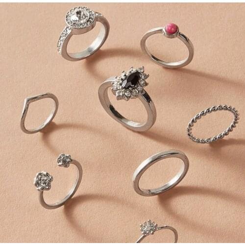 Tocona 8pcs/sets Luxury Shiny Rhinestone Joint Ring for Women Silver Color Alloy Metal Flowers Open Ring Jewelry Accessories