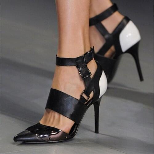 Summer Black And White Leather Patchwork Pumps Ankle Strap Female Runwway Thick Band Buckled High Heels Shoes Sandalias