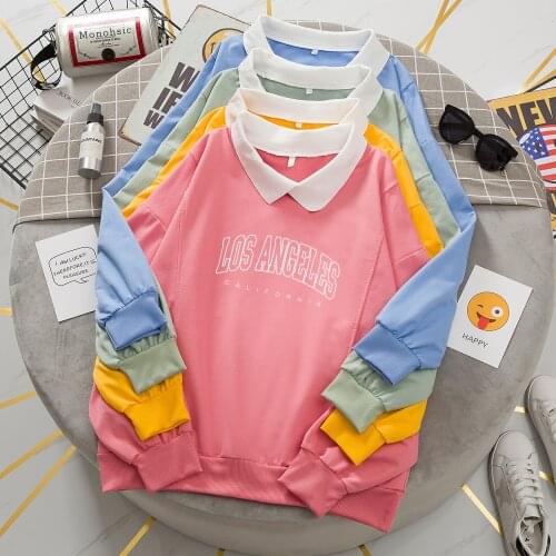 Vintage Hoodie Womens Los Angeles Print Cotton Turn-down Collar With Pocket Regular Trendy Casual Blouse Pullover 2021 Autumn