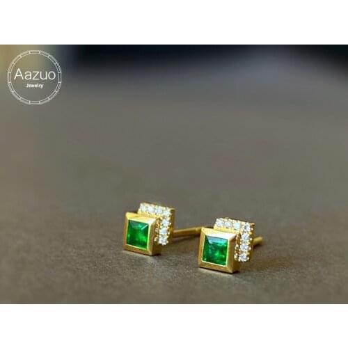 Aazuo Real 18K Yellow Gold Natural Emerald Real Diamonds Lovly Square Stud Earrings gifted for Women Engagement Wedding Party