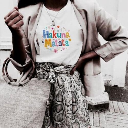 Womens Kawaii White T-shirts HAKUNA MATATA Harajuku Casual T Shirts O-Neck Tee Clothes Short Sleeve Loose Chrismas Female Tops