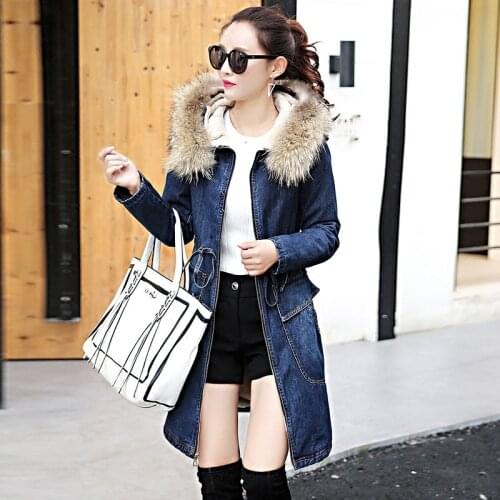 2020 Fur Lining Hooded Long Coat Women Long Sleeved Zipper Vintage Winter Korean Style Slim Fit Fashion Warm Denim Female Parkas
