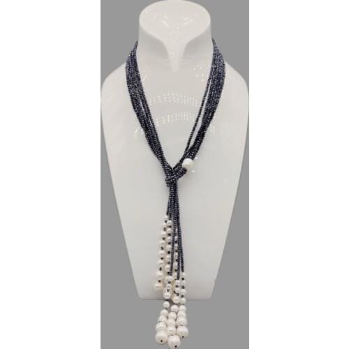 FoLisaUnique 2mm Crystals Freshwater Pearls Lariat Necklace For Women Open Length Stylish Trendy Jewelry Gift Long Necklace