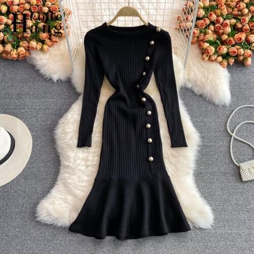 HangCode Harajuku Pure Knitted Long Sleeve Buttons Women Mermaid Dress Office Lady Elegant Casual Wear Black Basic Bodycon Dress