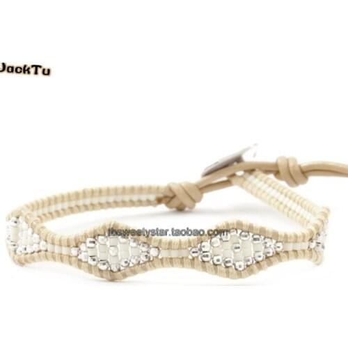 2016 silver mixed beige color seed bead single wrap leather bracelet