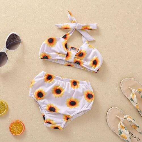 2021 Summer Girl’s Sunflower Printed 2Pcs Swim Suits Elastic Halter Tops with Triangle Briefs Lovely Swimsuits