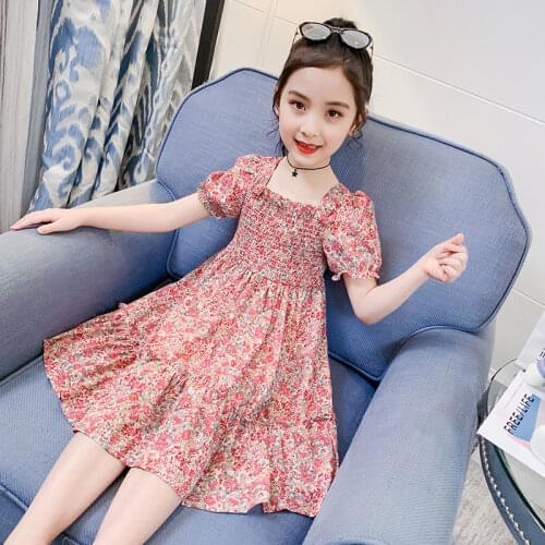 2021 Summer Baby Floral Clothing Kids Girls Fashion Short Sleeve Chiffon Dress Princess Dress for Children Baby Girl Clothes J46