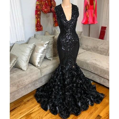 Black Mermaid Prom Dress African Black Girl Sparkly Sequin Top 3D FLowers Deep V-neck Sleeveless Long Prom Dresses 2021