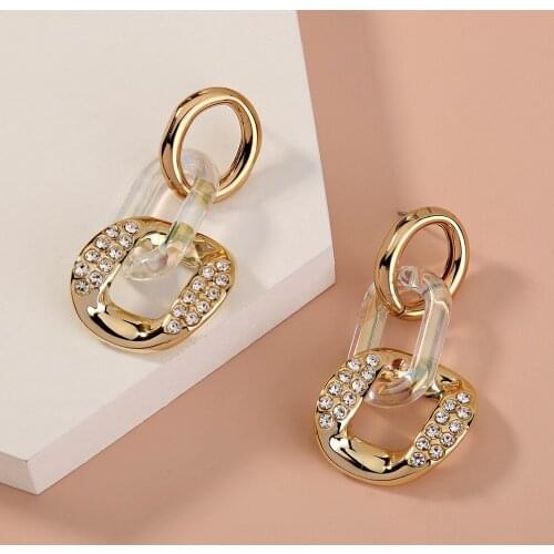 Hip-hop Fashion Chain Rhinestone Earring Stud Geometric Shape Personality Eardrop Jewelry Charm Party Accessories Gift for Women