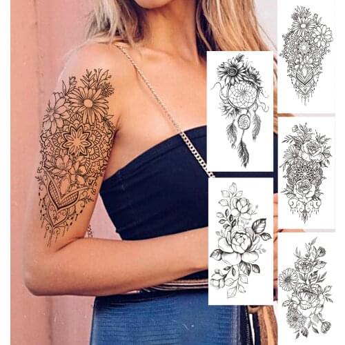 Fake Jewelry Black Henna Temporary Tattoo For Women Girls Dream Catcher Lace Flower Tattoos Sticker Black Waterproof Tatoos Arm