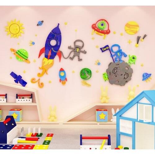 Creative cartoon spaceship DIY Childrens room bedroom home living room TV background wall decoration 3D acrylic wall stickers