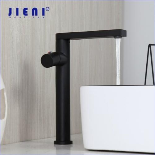 JIENI Matte Black Swivel Bathroom Basin Sink Faucet Art Design Wash Basin Mixer Tap Stream Rotated Spray Kitchen Sink Faucet Tap