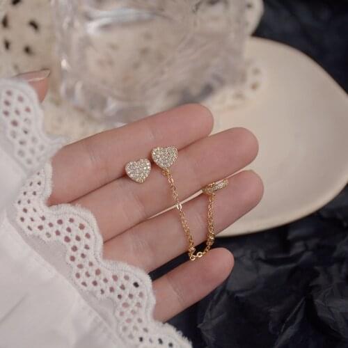 Minar Delicate Full Shinning CZ Stone Love Heart Tassel Earrings for Women Gold Color Metallic Heart Asymmetric Clip Earrings