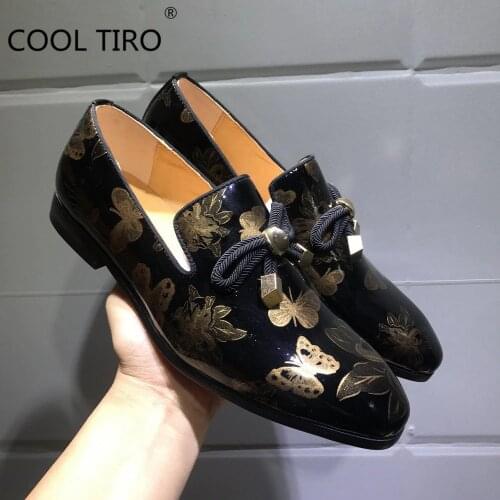 COOL TIRO Black Patent Leather 3D Printing Moccasins Mens Slip-On Loafers Wedding Party Dress Prom Smoking Casual Flats Shoes