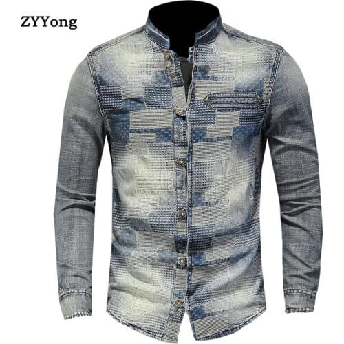 Mens Denim Shirt Retro Stand Collar Long Sleeve Patch Blue Plaid Patchwork Style Casual Camisas Chemise Homme Thin Coat