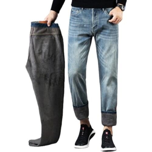 Men Winter Warm Jeans Fleece Thicken Denim Jeans Good Quality Men Straight Loose Blue Long Jeans Pants Solid Casual Jeans 40
