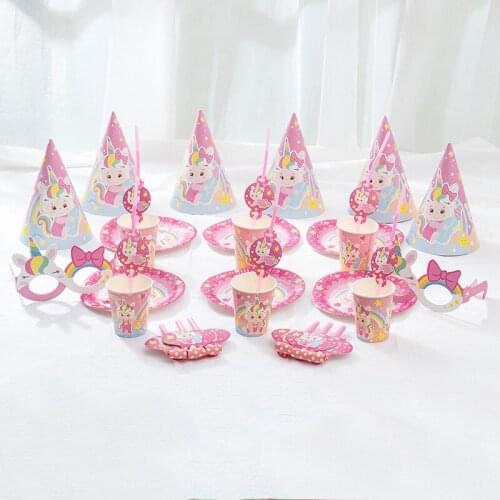 Childrens Birthday Disposable Tableware Set Party Supplies Decoration Pink Paper Plate Cup Straw Mask Blowing Dragon Hat 36pcs