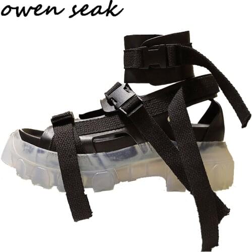 Owen Seak Women Sandals Black Rome Leather Gladiator Sandals High Top Shoes Mules Clogs Slippers Slides Summer Women Sandals