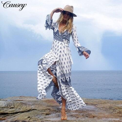 Flower girl dresses 2019 spring summer plus size maxi robe sexy oversized long casual bohemian white blue paisley beach dress