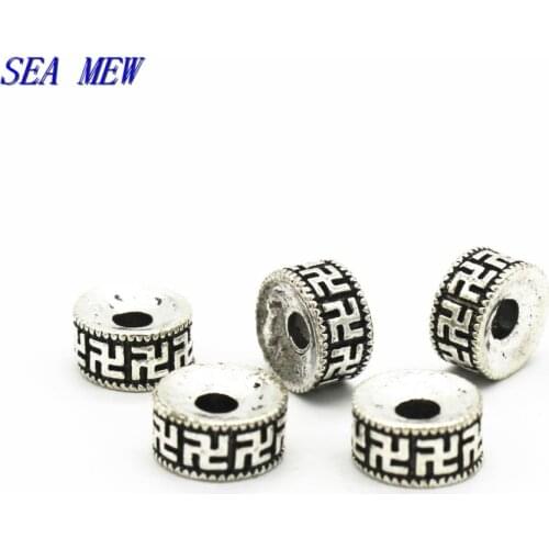 SEA MEW 50 PCS 6mm 8mm 10mm 12mm 14mm Metal Alloy Antique Silver color Spacer Beads Nepal Flat Buddha Beads For Jewelry Making