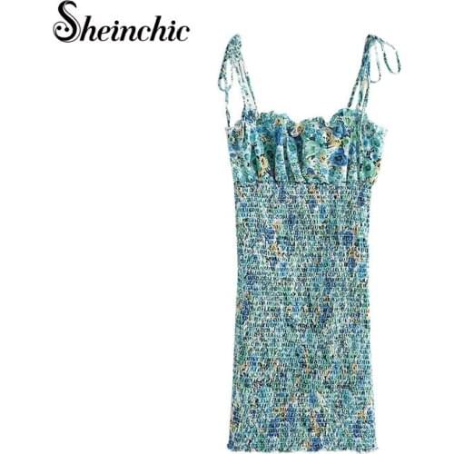 Sexy Spaghetti Strap Blue Floral Printed Woman Dress 2021 Summer Bohemian Ruffles Beach Dress Chiffon