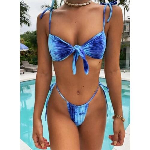 Sexy Twist Knot Swimming Suit Womens Beachwear Tie Dyed Straps Bandage Bathing Suit Female High Cut Push Up Bikinis Set