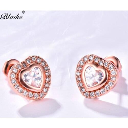 Blaike Cute Heart White Crystal Zircon Rose Gold Stud Earrings for Women Wedding Jewelry Vintage Fashion Thanksgiving Day Gifts