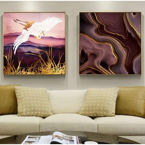 Modern Pink Gilt Poster Print Cuadros Salon Decor Abstract Golden Pink Birds Canvas Painting for Living Room Luxurious Wall Art