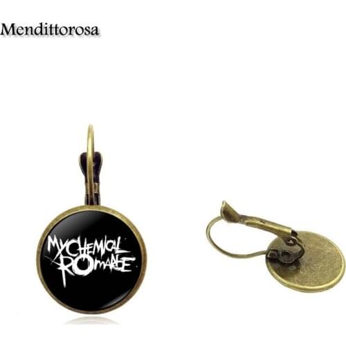 Mendittorosa Glass Cabochon Bronze/Silver/Golden Clip Ear Hook Drop Earrings Jewelry For Women Letter of My Chemical Romance