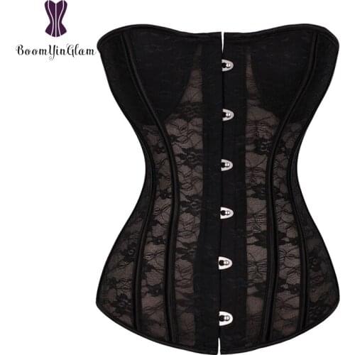 High quality slimming costume transparent bustier waist trainer spiral steel boned floral lace corset s-2xl Overbust Lace Korset