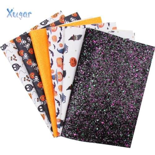 Xugar 6pcs/set Pumpkin Leather Sheet Set Shiny Chunky Synthetic Leather Halloween Material for DIY Hairbow Handmade Craft Fabric