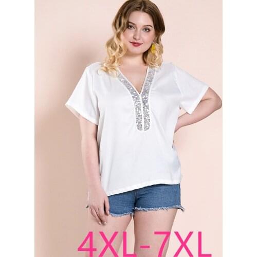 Female summer plus size tops for women large short sleeve loose elegant casual sequin V neck low-cut T-shirt white 5XL 6XL 7XL