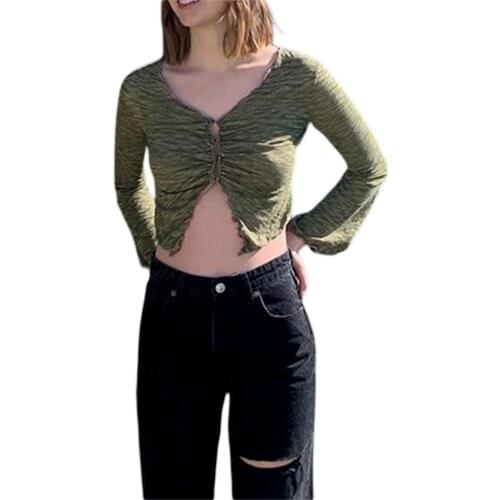 Womens Autumn Polyester Open Front Crop Tops Sexy V-Neck Long Sleeve Central Clasp Lettuce Trim T-shirts