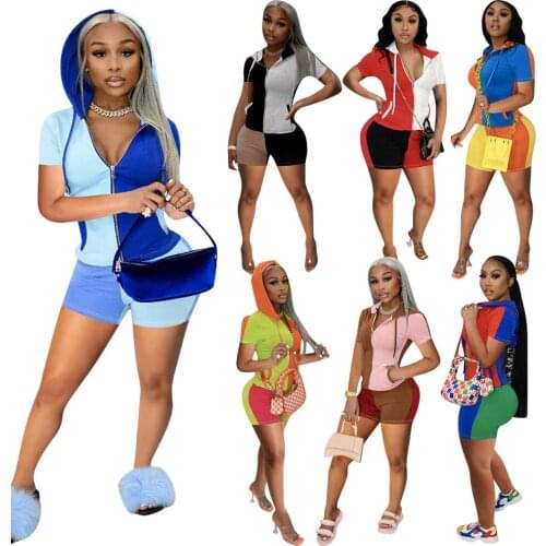 2021 Woman Casual Tracksuit Color Patchwork Sportsuit Short Sleeve Hooded T-shirt + Short Pants Clothes for Women Outfits