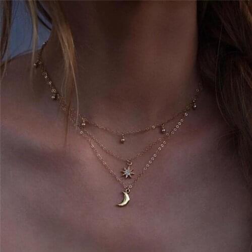 Moon Necklace Women Bohemia Style Multilayer Geometric Star Moon Pendant Chain Necklace Womens Jewelry Collares Kpop
