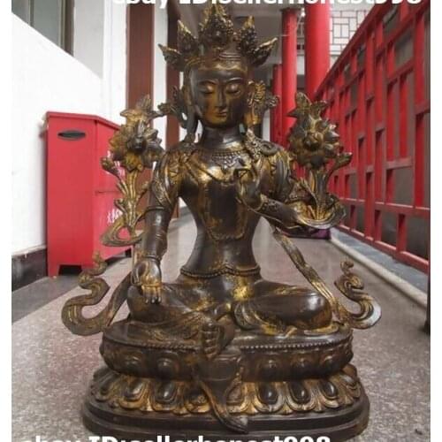28 Tibet Buddhism Green Tara Buddha old Bronze Copper Gilt Kwan-yin Statue